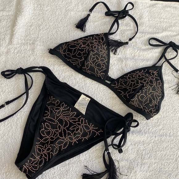 Black and gold embellished bikini with fringe strings - Picture 1 of 5